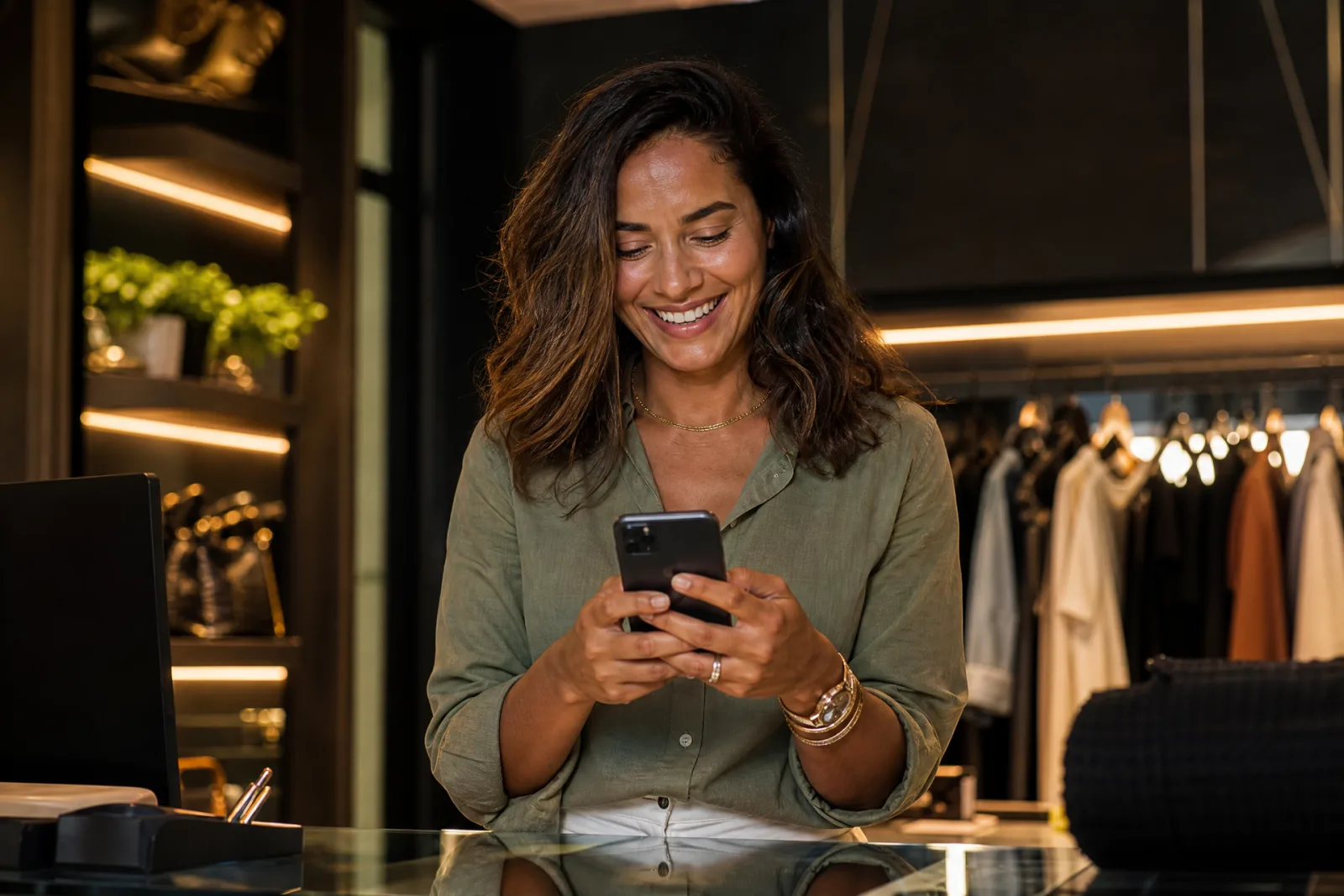 Empreendedora recebendo vendas no celular