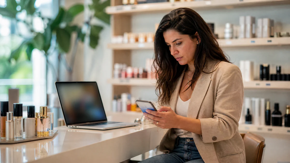 Empresária comparando opções de WhatsApp para o negócio